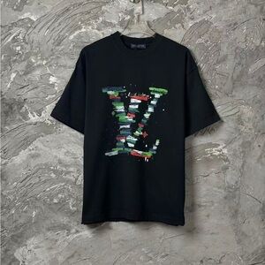 Louis Vuitton Black Short-Sleeve Tee with Multicolor LV Brushstroke Logo